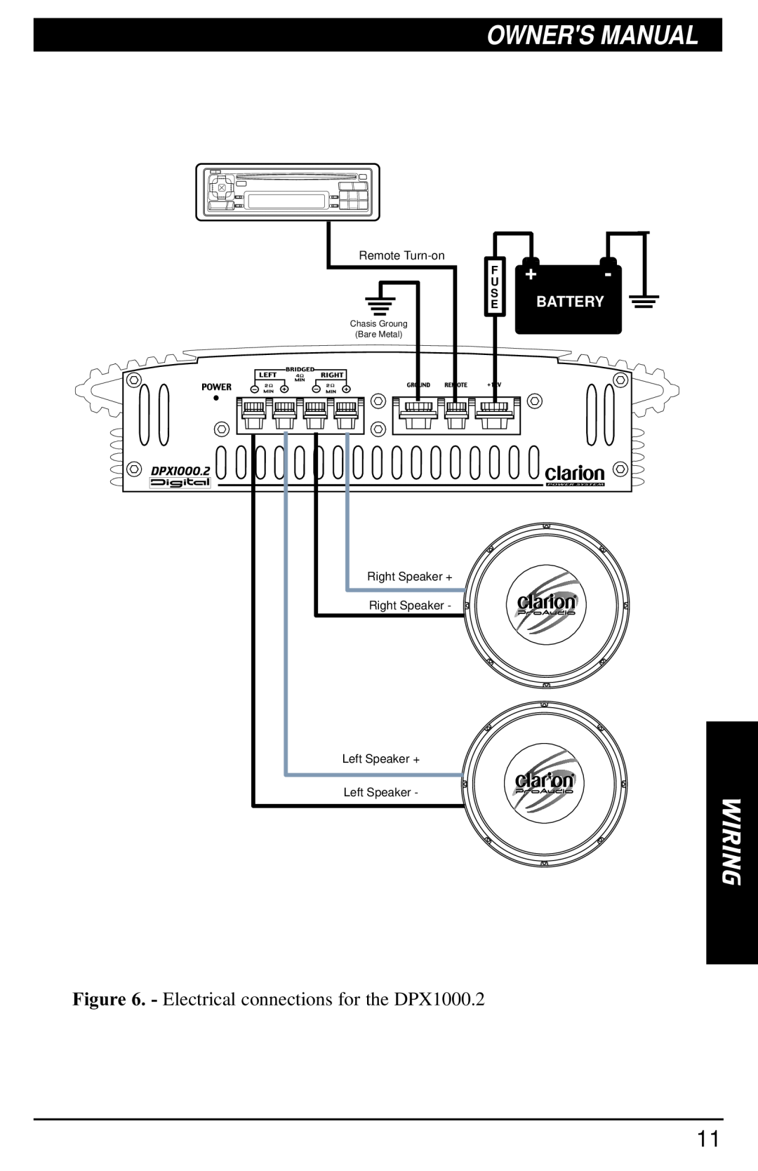 Clarion DPX1000.2 manual Wiring, Battery, Remote Turn-on, F U S E, Right Speaker + Right Speaker Left Speaker + 