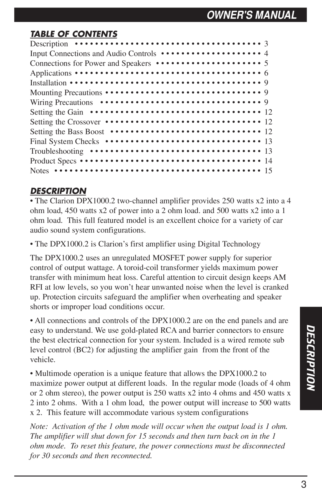 Clarion DPX1000.2 manual Description, Table Of Contents 