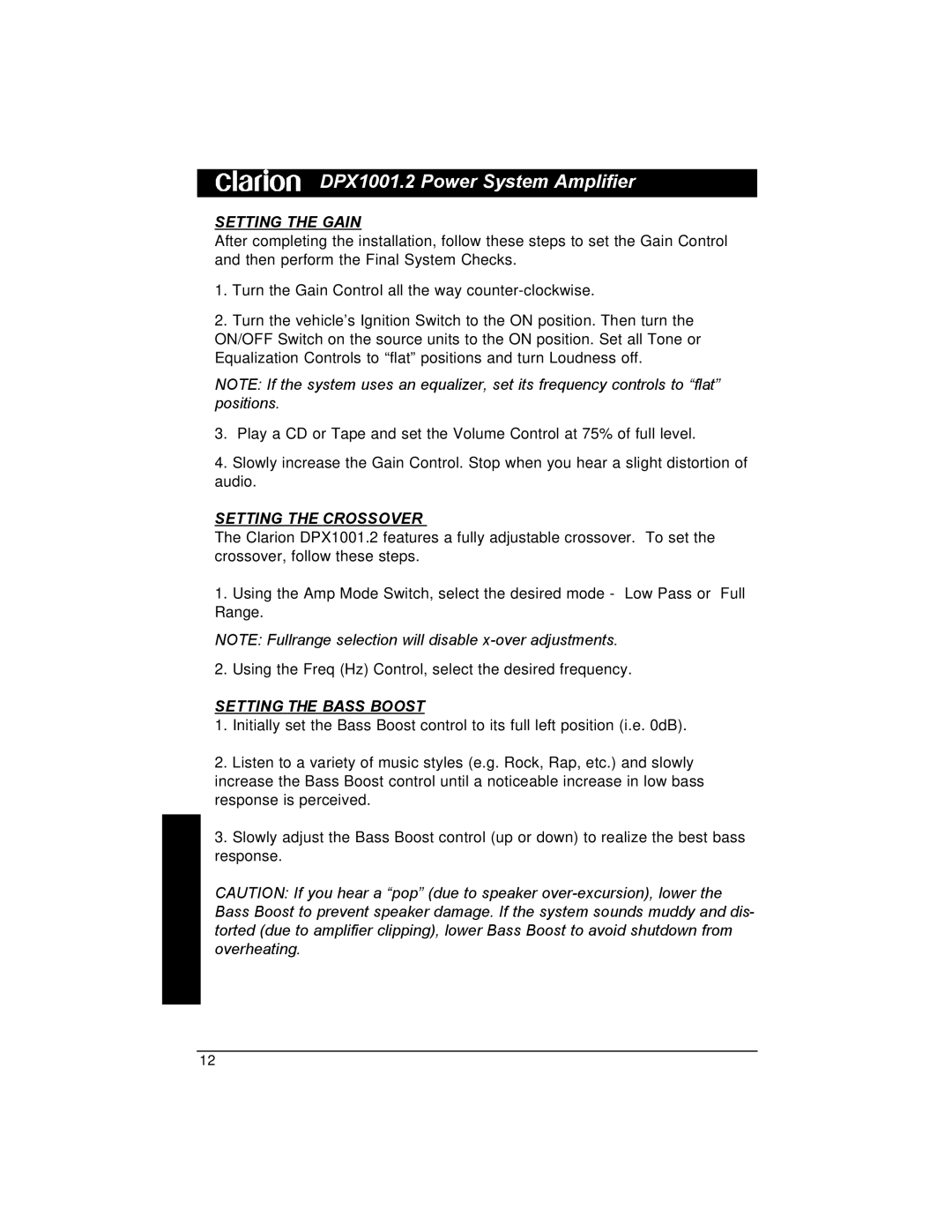 Clarion DPX1001.2 installation manual Setting the Gain, Setting the Crossover, Setting the Bass Boost 