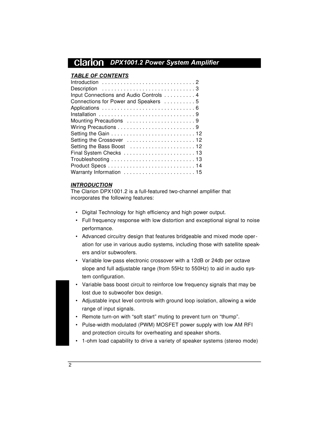 Clarion DPX1001.2 installation manual Table of Contents, Introduction 