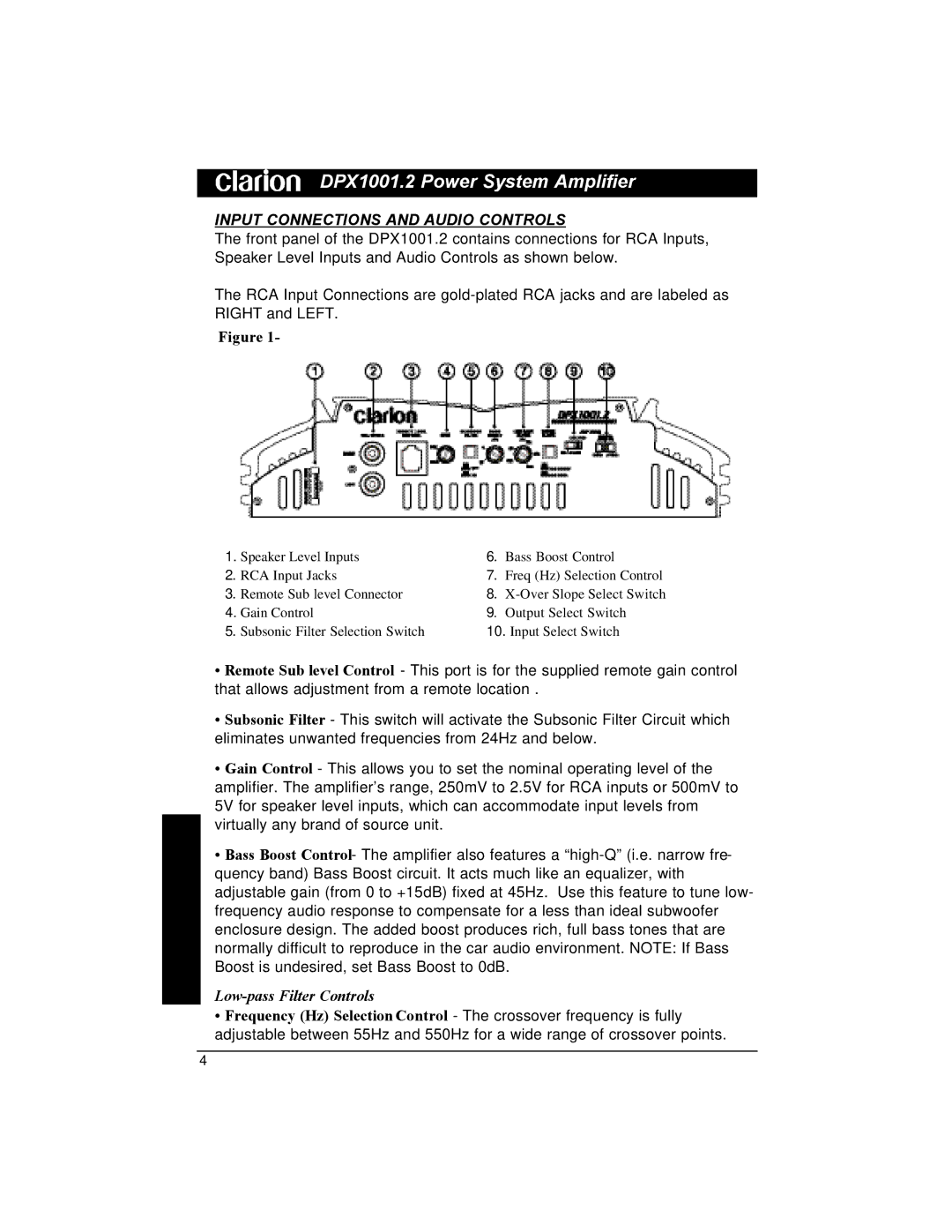 Clarion DPX1001.2 installation manual Input Connections and Audio Controls, Low-pass Filter Controls 