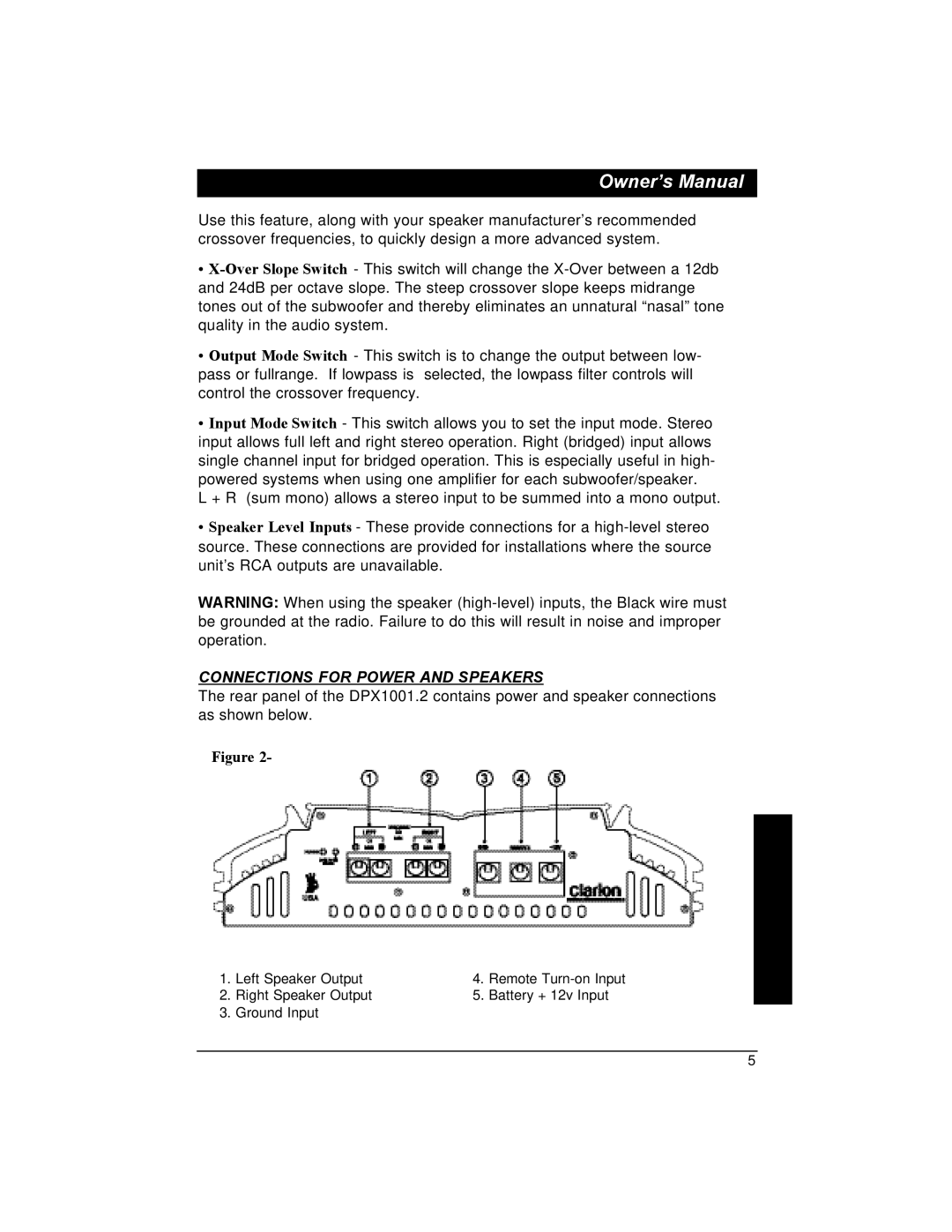 Clarion DPX1001.2 installation manual Connections for Power and Speakers 