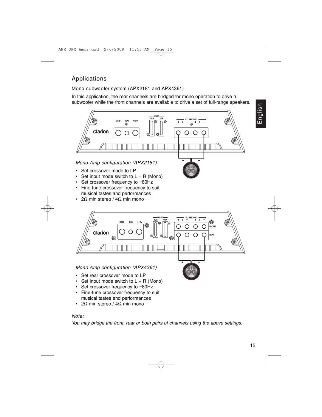 Clarion DPX11551 owner manual Applications, Mono Amp configuration APX2181, Mono Amp configuration APX4361 