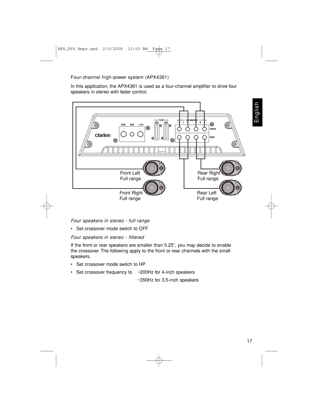 Clarion APX4361, DPX11551, APX2181 owner manual Four speakers in stereo full range, Four speakers in stereo filtered 