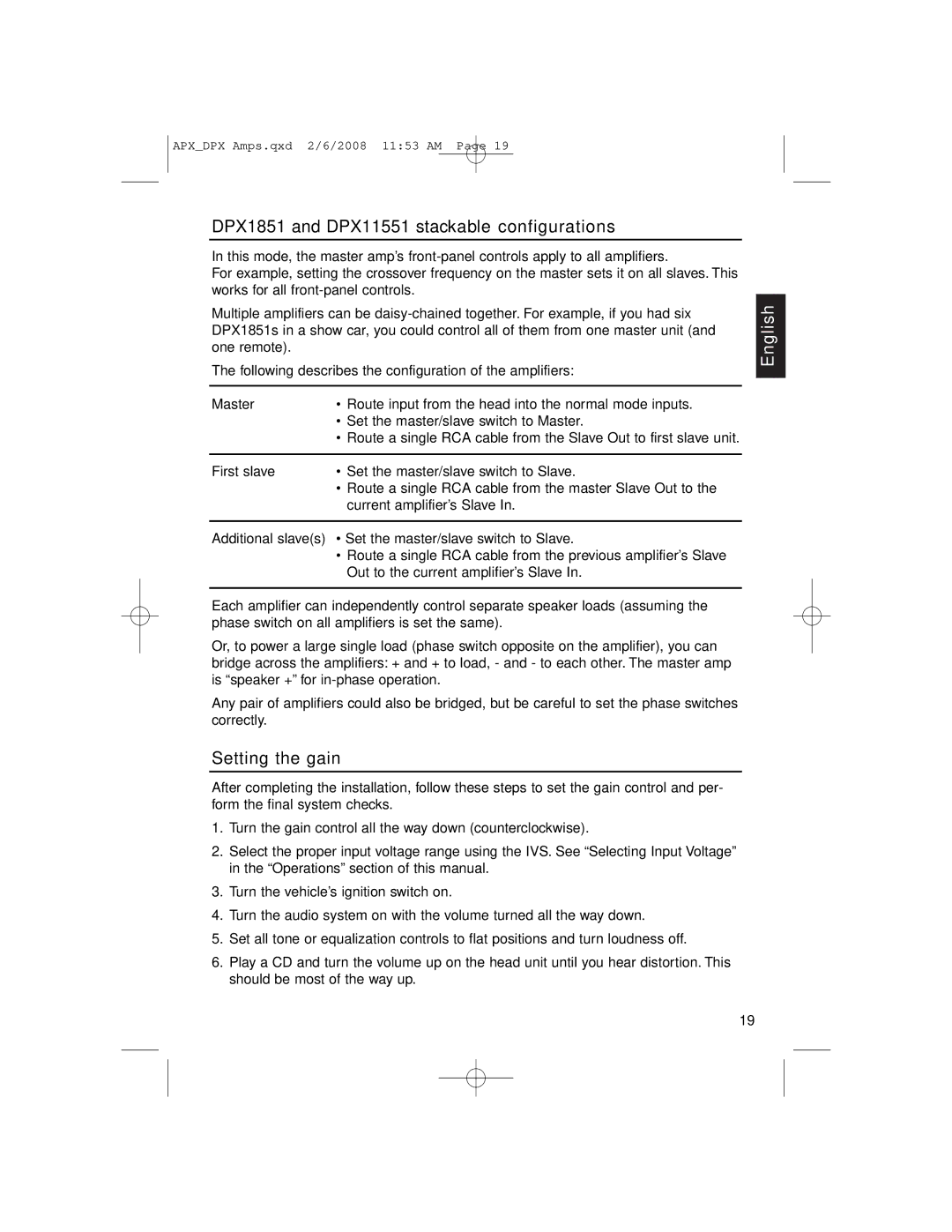 Clarion APX2181, APX4361 owner manual DPX1851 and DPX11551 stackable configurations, Setting the gain 