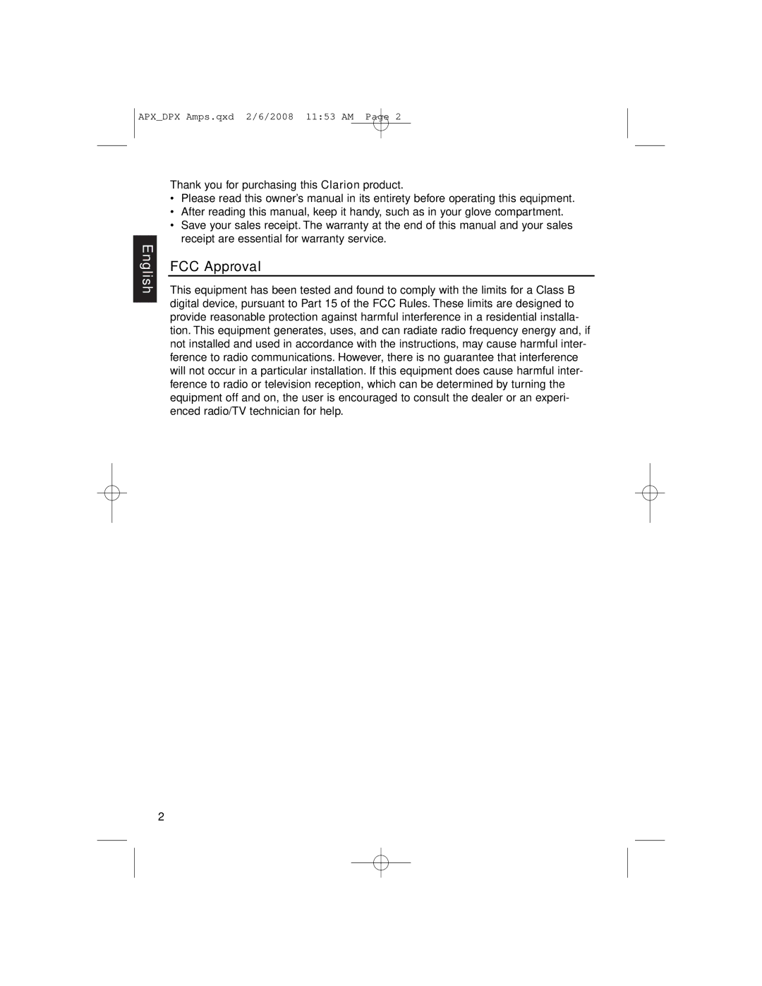 Clarion APX4361, DPX11551, APX2181 owner manual English, FCC Approval 