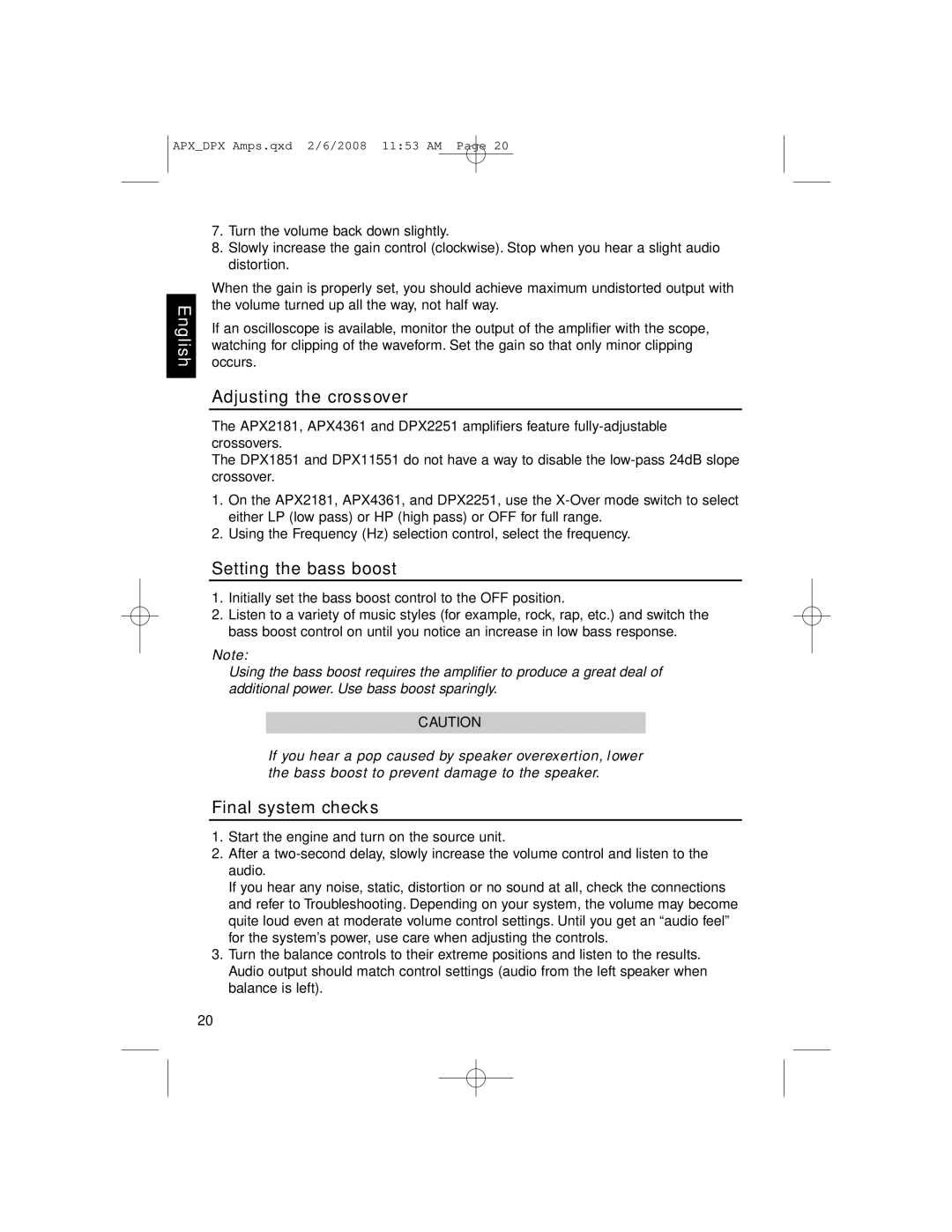 Clarion APX4361, DPX11551, APX2181 owner manual Adjusting the crossover, Setting the bass boost, Final system checks 