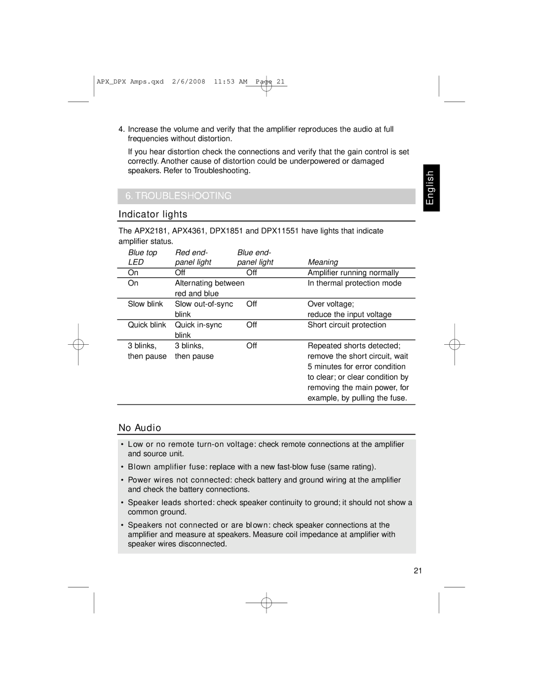 Clarion DPX11551, APX2181, APX4361 owner manual No Audio, Blue top Red end Blue end 