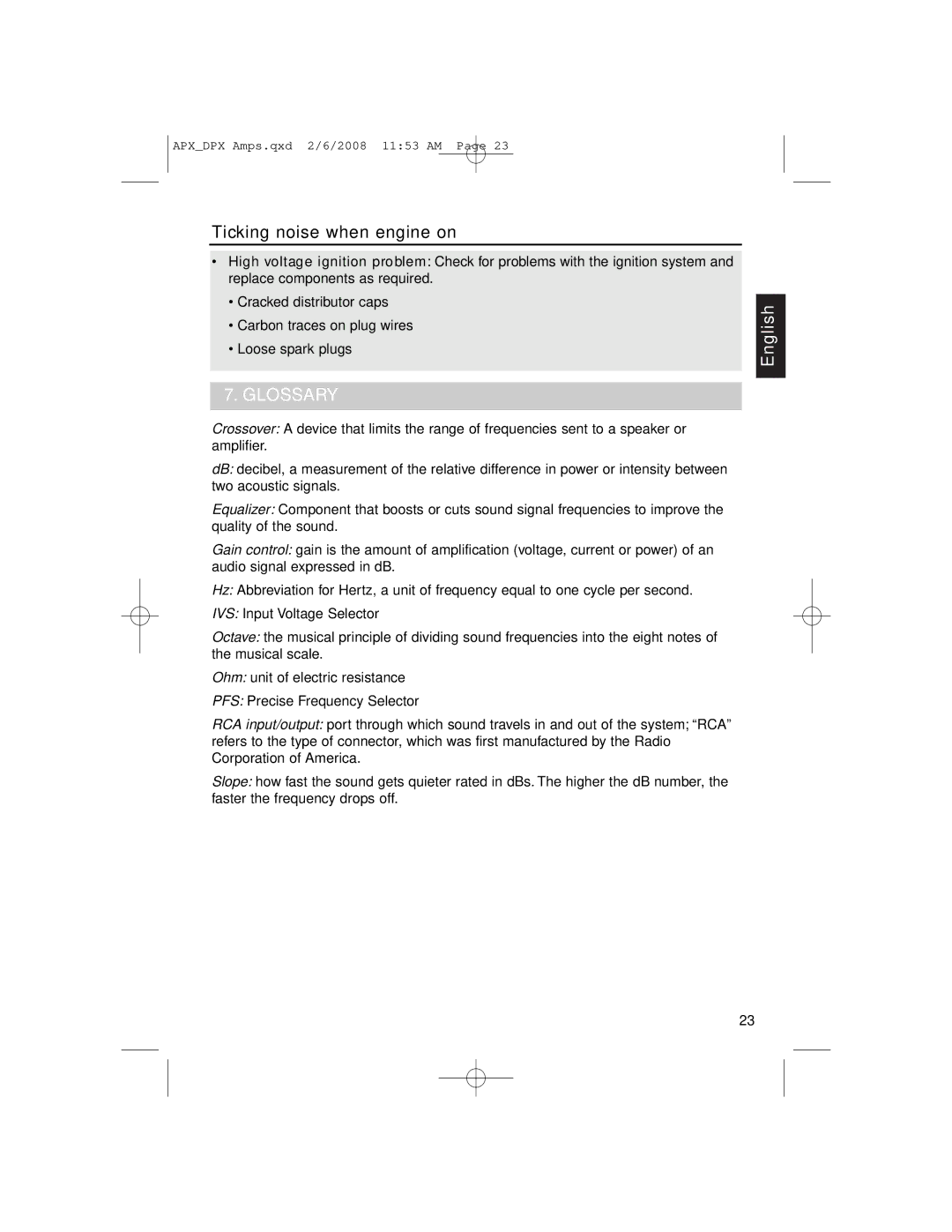 Clarion APX4361, DPX11551, APX2181 owner manual Ticking noise when engine on, Glossary 