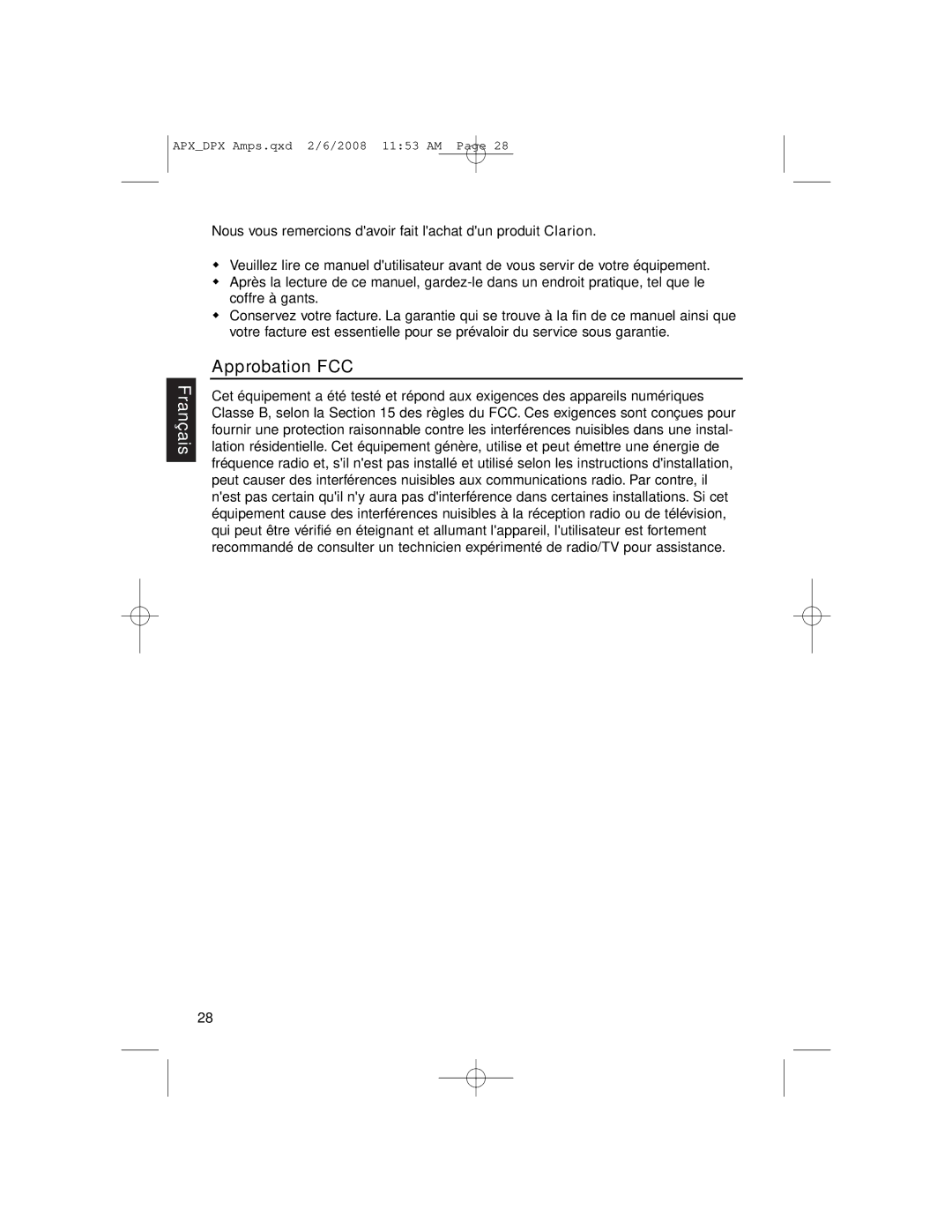 Clarion APX2181, DPX11551, APX4361 owner manual Français, Approbation FCC 