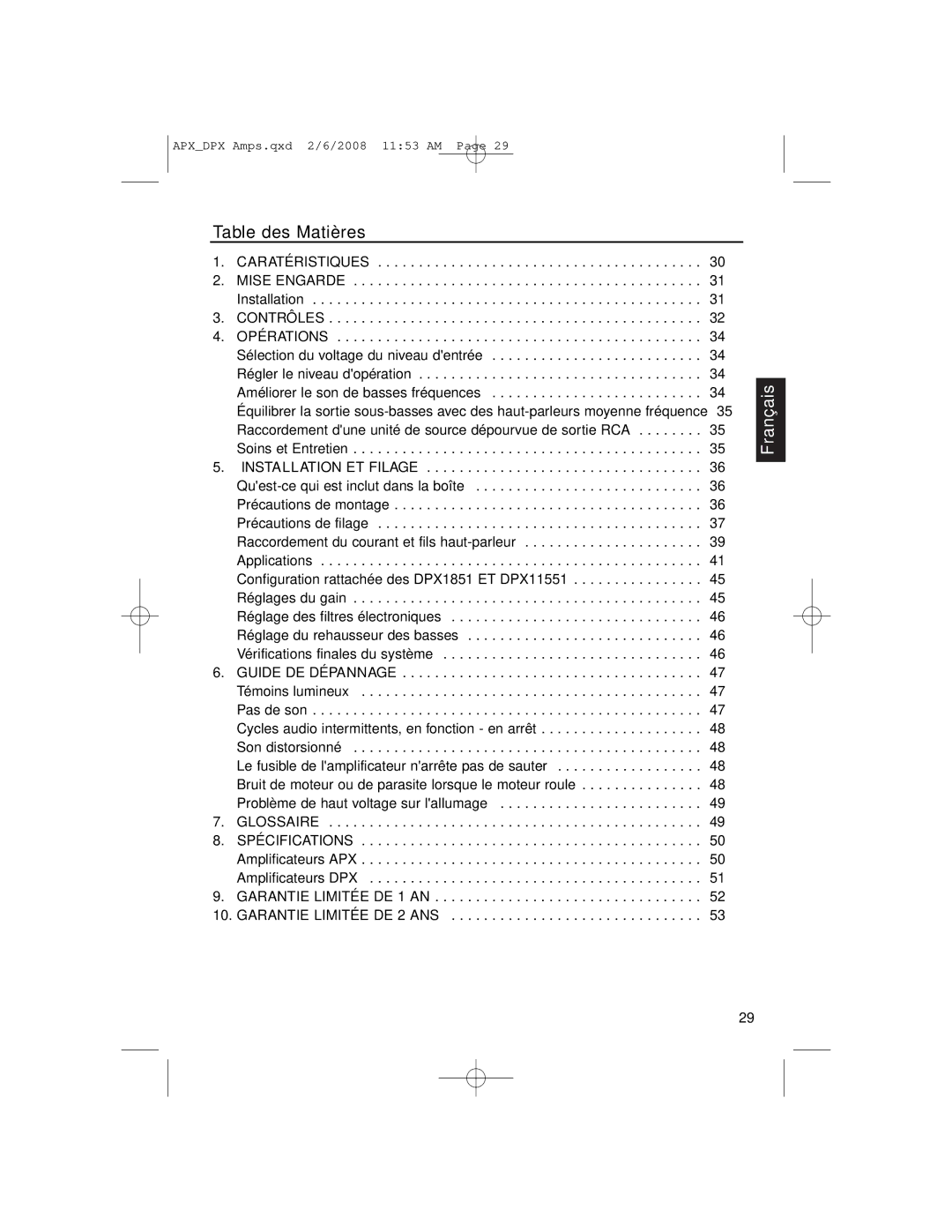 Clarion APX4361, DPX11551, APX2181 owner manual Table des Matières, Contrôles Opérations 