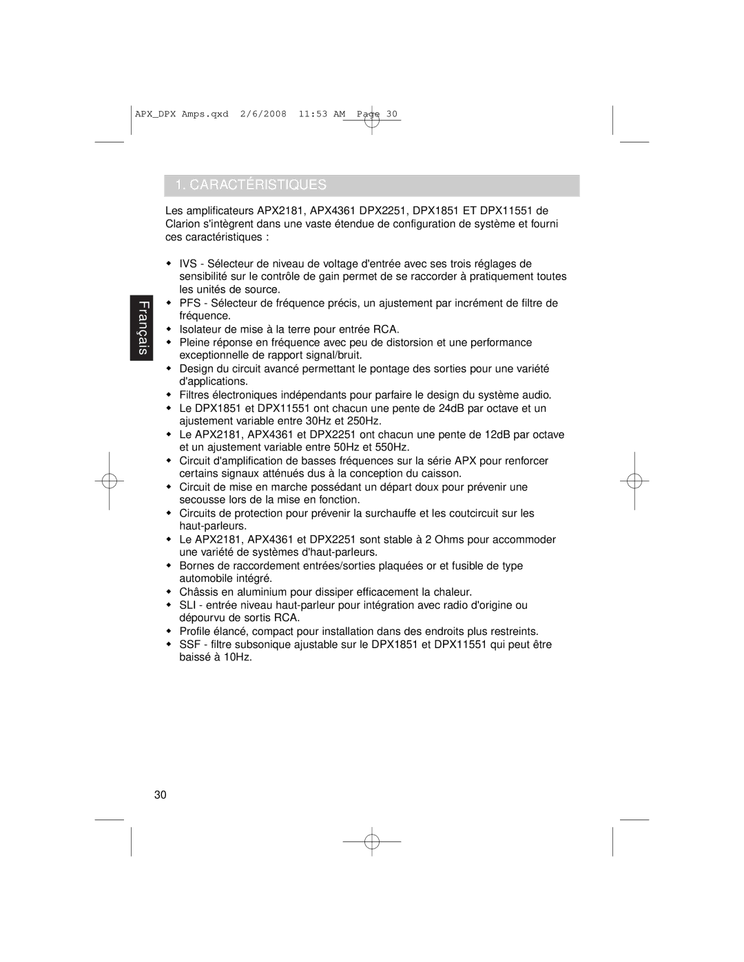 Clarion DPX11551, APX2181, APX4361 owner manual Caractéristiques 