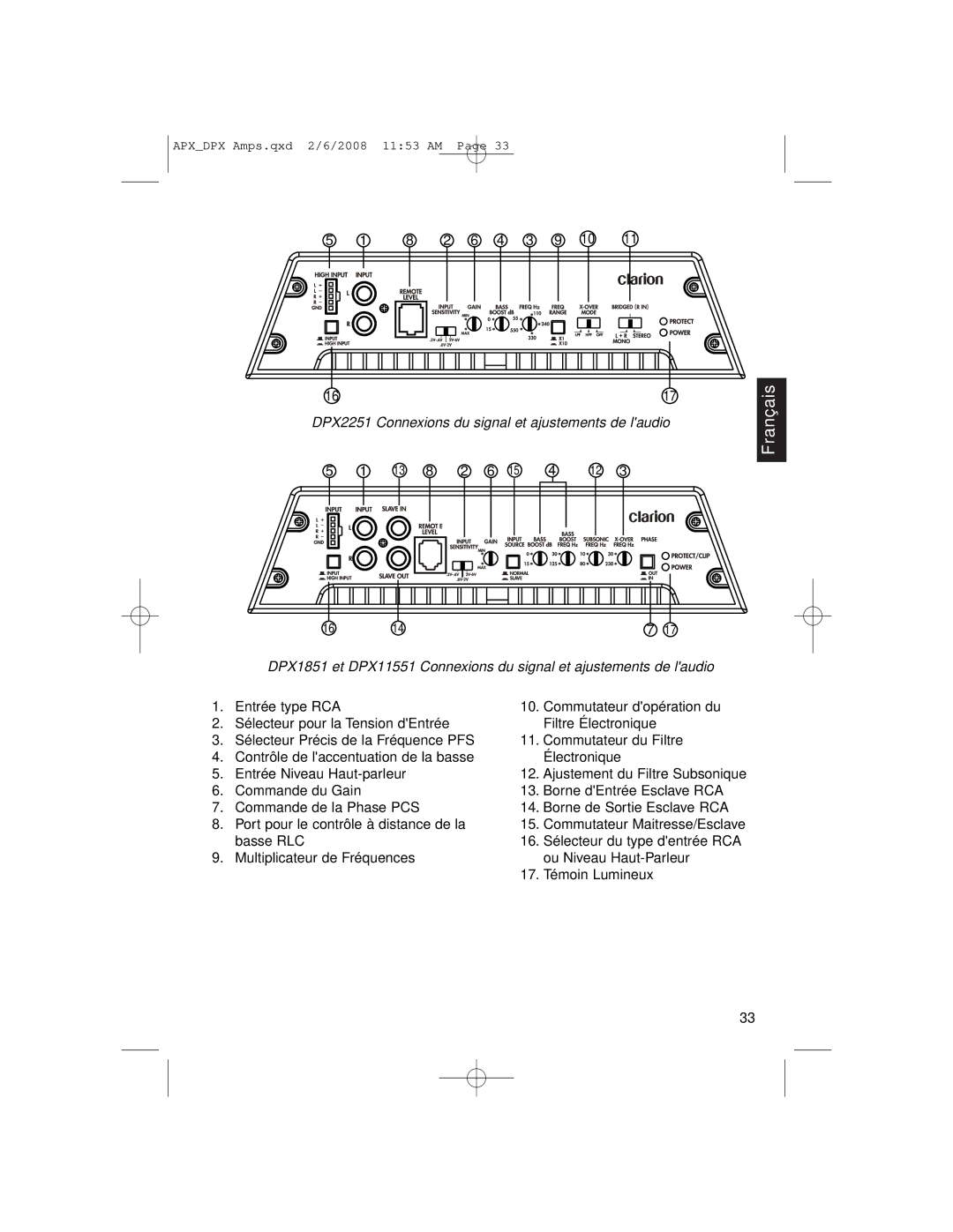 Clarion DPX11551, APX2181, APX4361 owner manual DPX2251 Connexions du signal et ajustements de laudio 