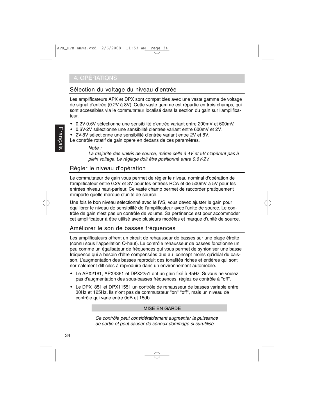 Clarion APX2181, DPX11551, APX4361 Opérations, Sélection du voltage du niveau dentrée, Régler le niveau dopération 