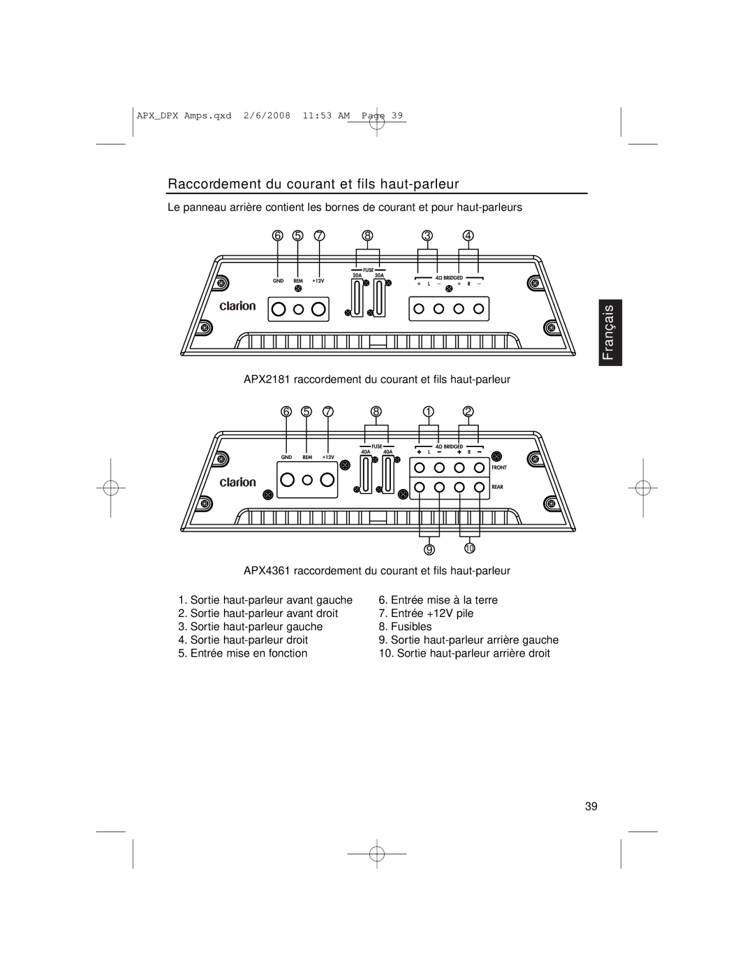 Clarion DPX11551, APX2181, APX4361 owner manual Raccordement du courant et fils haut-parleur 