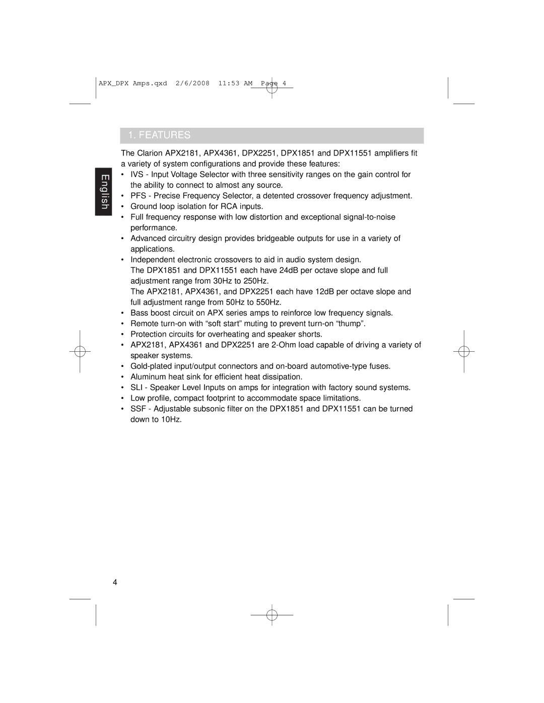 Clarion APX2181, DPX11551, APX4361 owner manual Features 