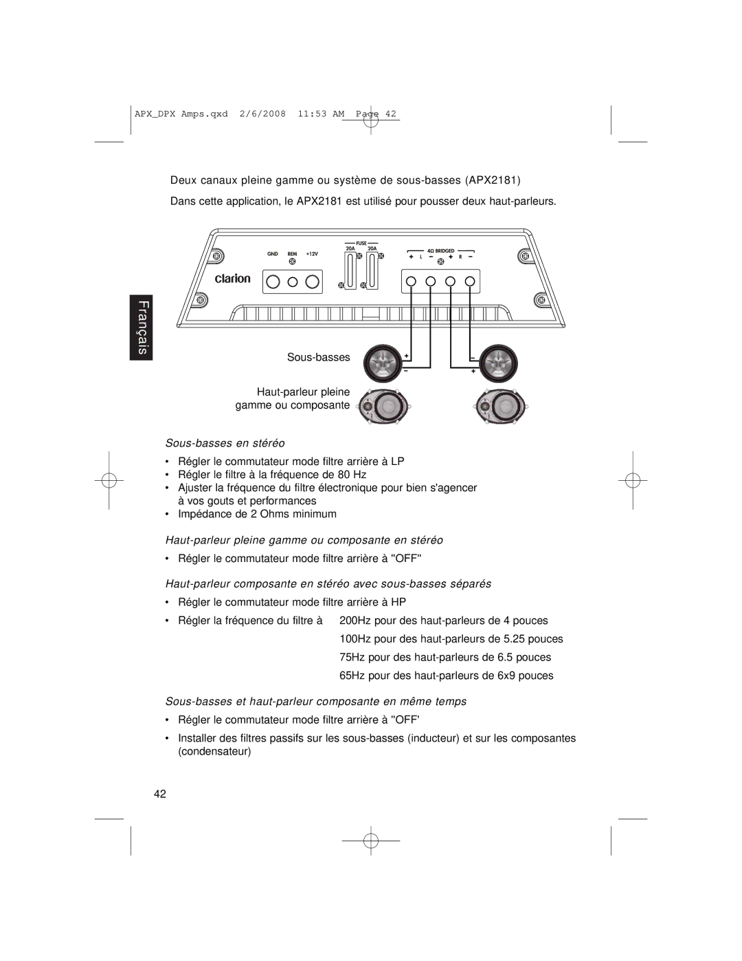 Clarion DPX11551, APX2181, APX4361 owner manual Sous-basses en stéréo, Haut-parleur pleine gamme ou composante en stéréo 