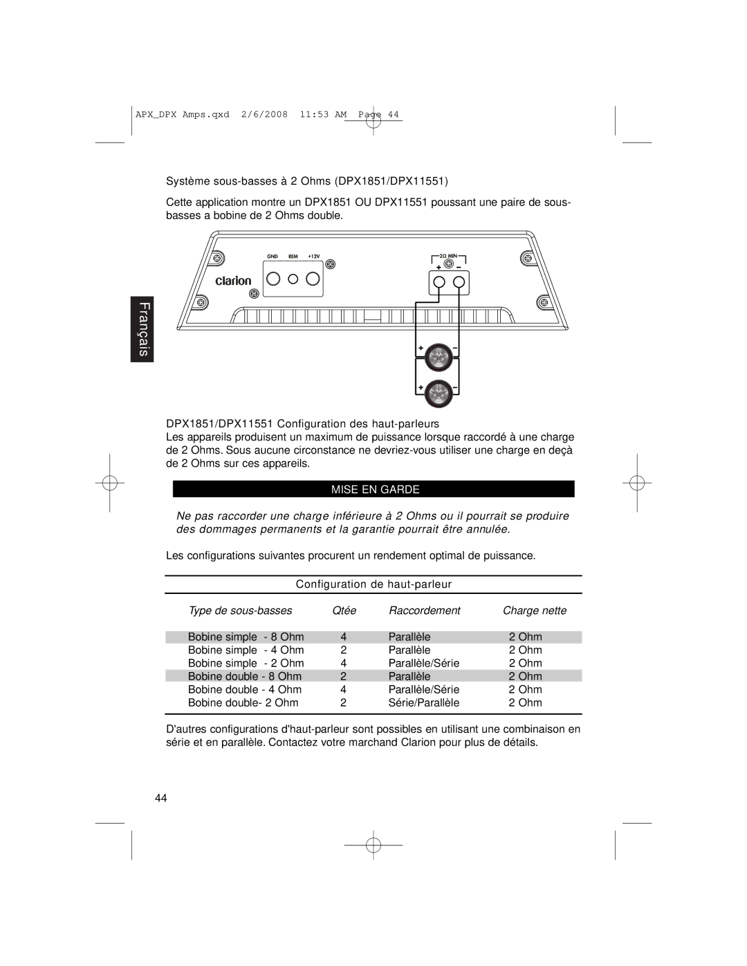 Clarion APX4361, DPX11551, APX2181 owner manual Type de sous-basses 