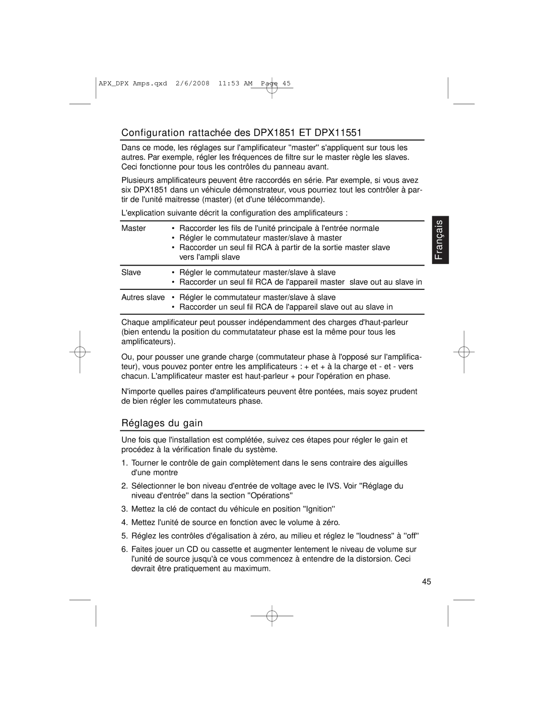 Clarion APX2181, APX4361 owner manual Configuration rattachée des DPX1851 ET DPX11551, Réglages du gain 