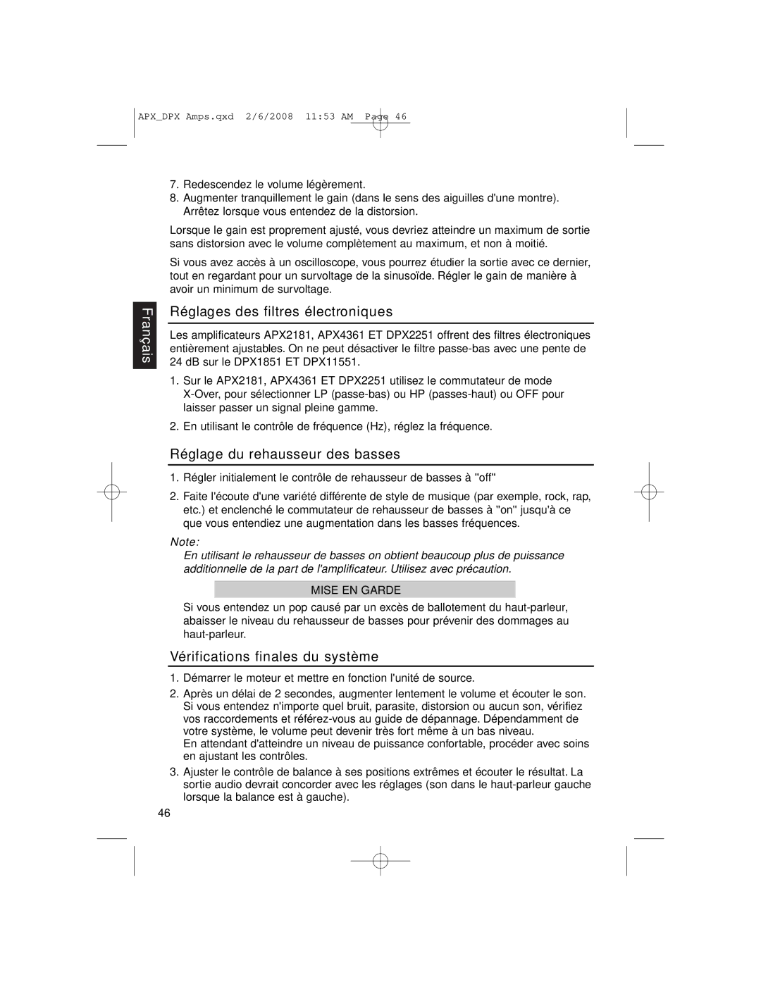 Clarion APX2181 Réglages des filtres électroniques, Réglage du rehausseur des basses, Vérifications finales du système 