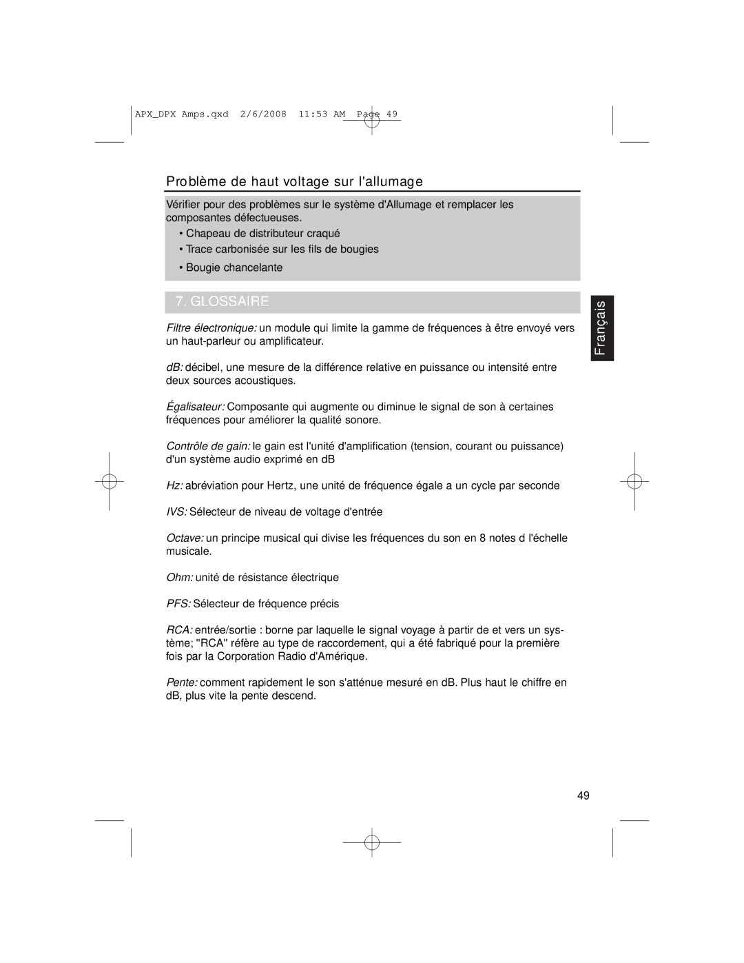 Clarion APX2181, DPX11551, APX4361 owner manual Problème de haut voltage sur lallumage, Glossaire 