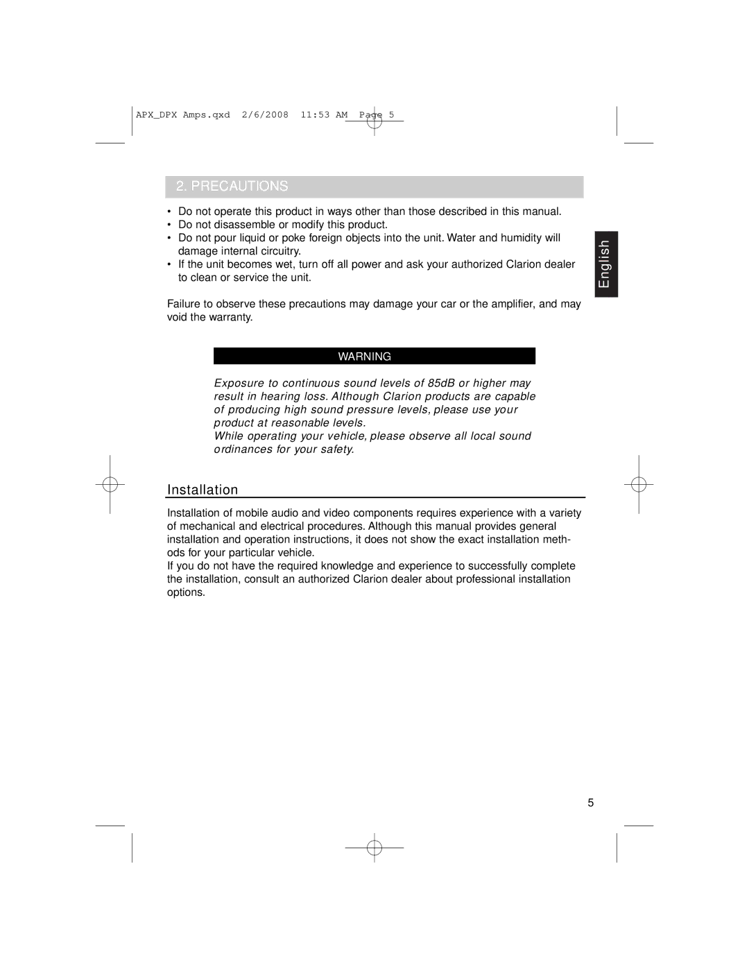 Clarion APX4361, DPX11551, APX2181 owner manual Precautions, Installation 