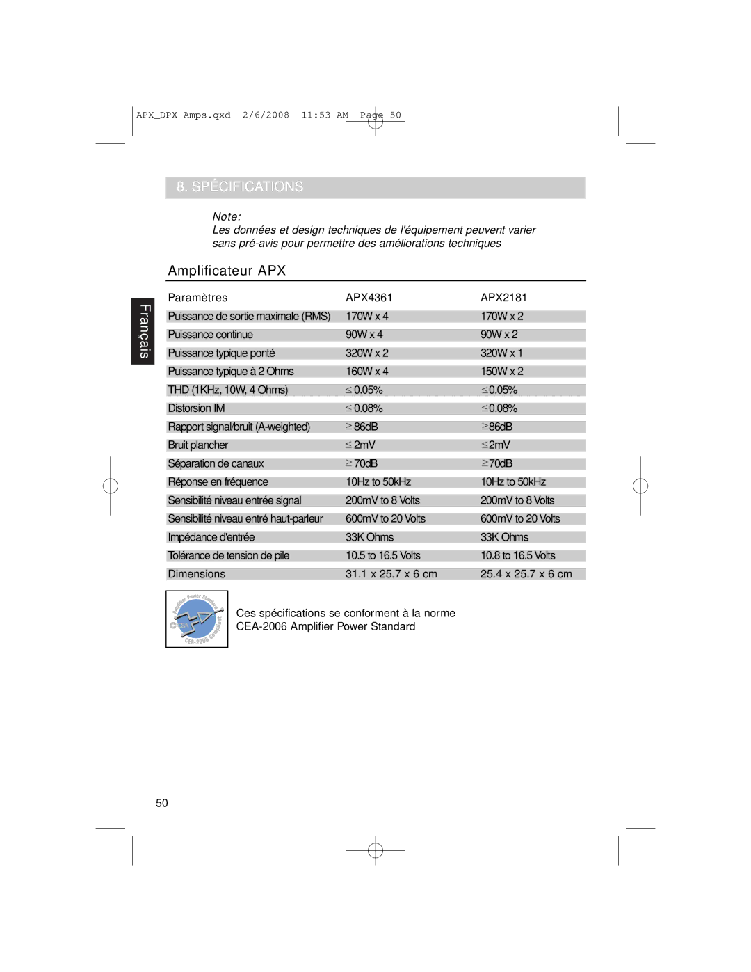 Clarion APX4361, DPX11551, APX2181 owner manual Spécifications, Amplificateur APX 