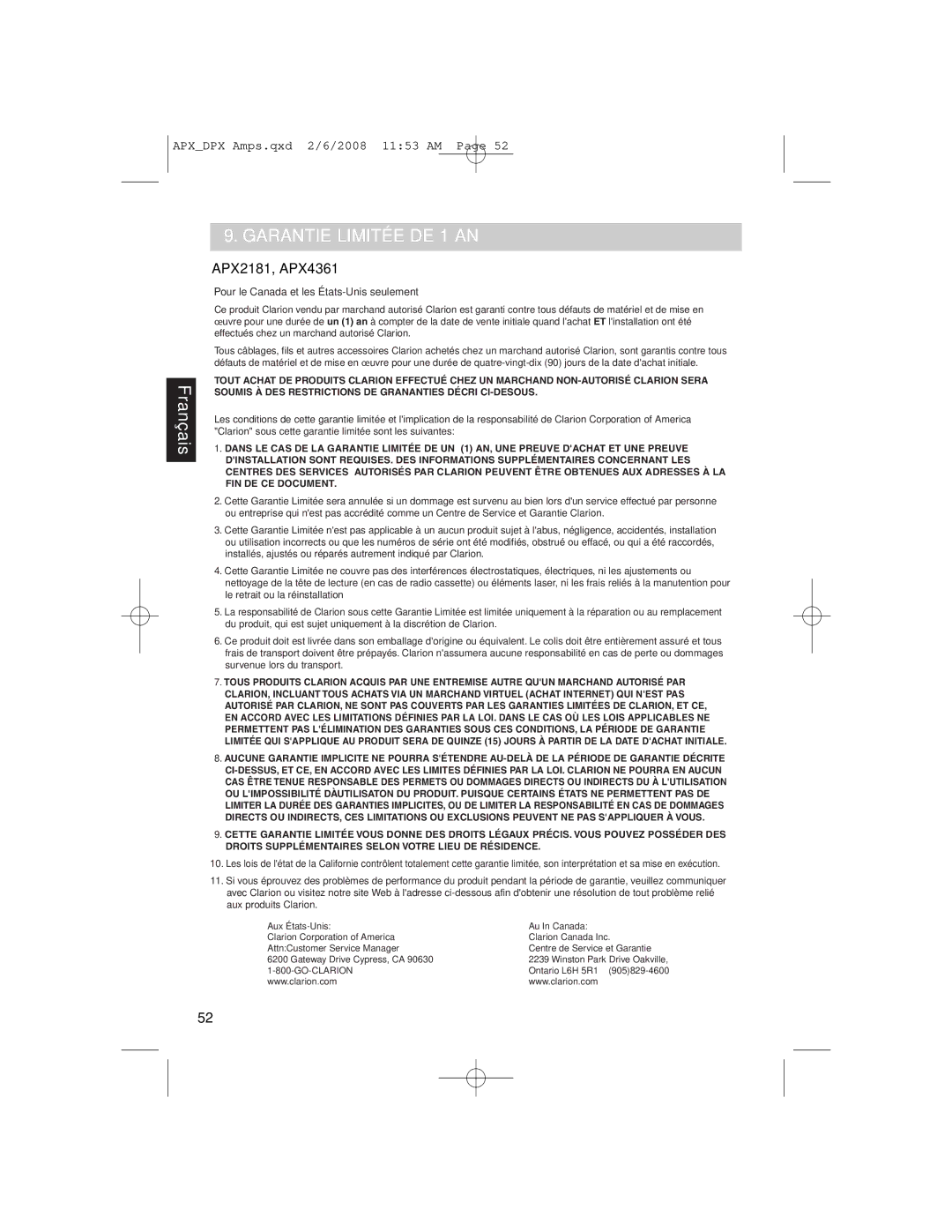 Clarion APX2181, DPX11551, APX4361 owner manual Garantie Limitée DE 1 AN, Pour le Canada et les É tats-Unis seulement 