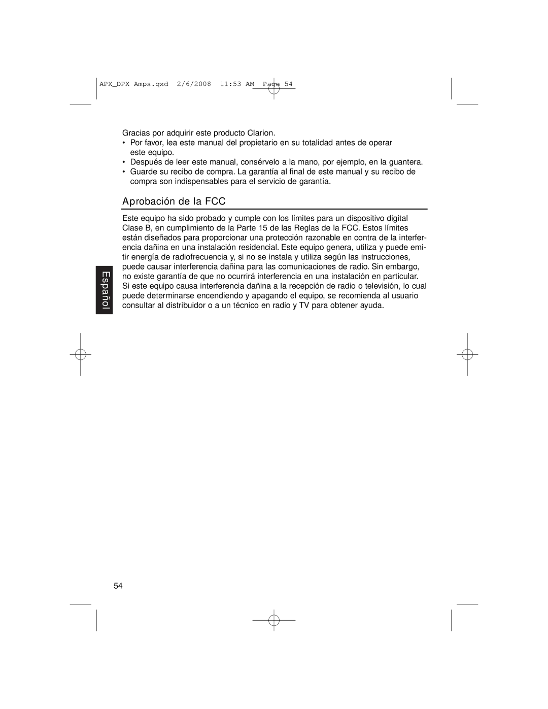 Clarion DPX11551, APX2181, APX4361 owner manual Español, Aprobación de la FCC 