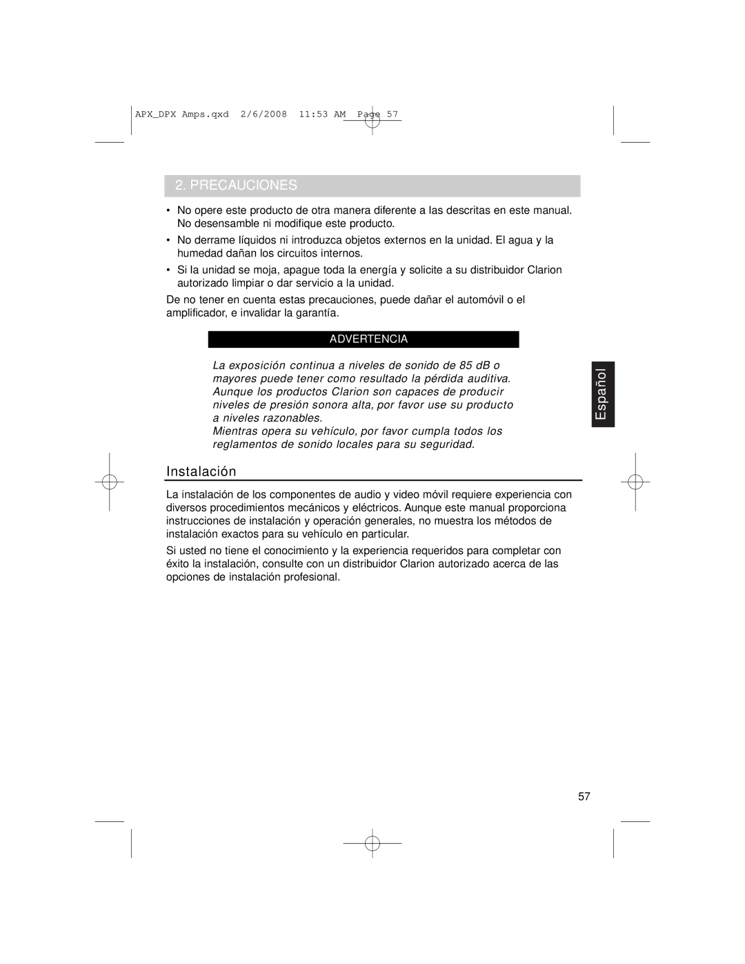 Clarion DPX11551, APX2181, APX4361 owner manual Precauciones, Instalación 