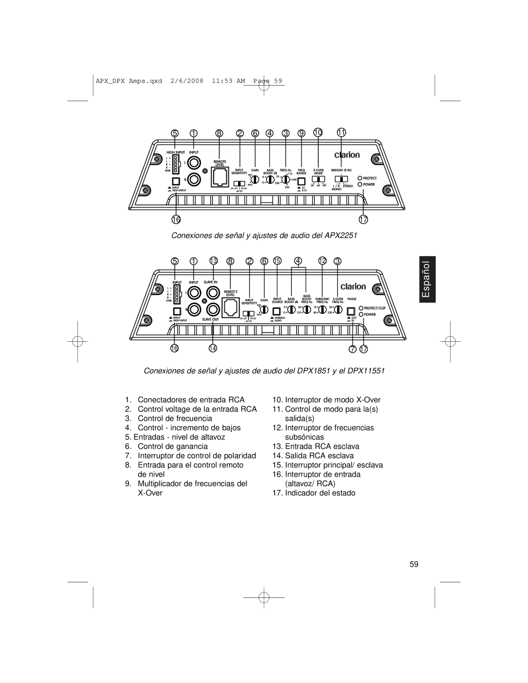 Clarion APX4361, DPX11551, APX2181 owner manual Conexiones de señal y ajustes de audio del APX2251 