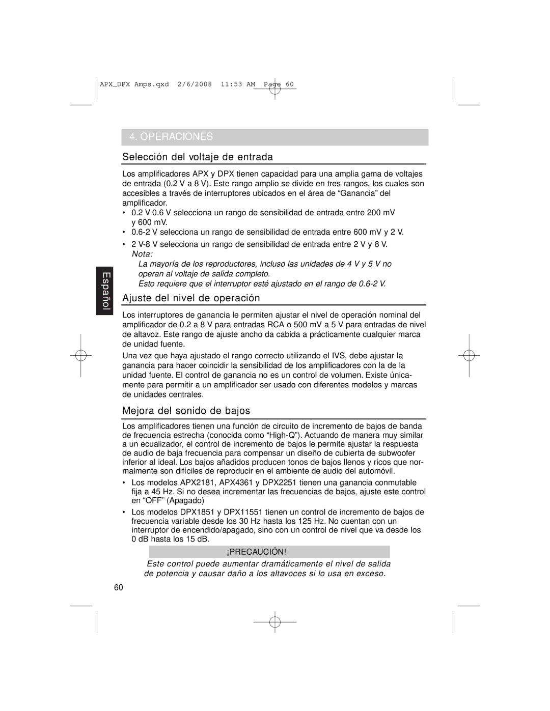 Clarion DPX11551 Operaciones, Selección del voltaje de entrada, Ajuste del nivel de operación, Mejora del sonido de bajos 