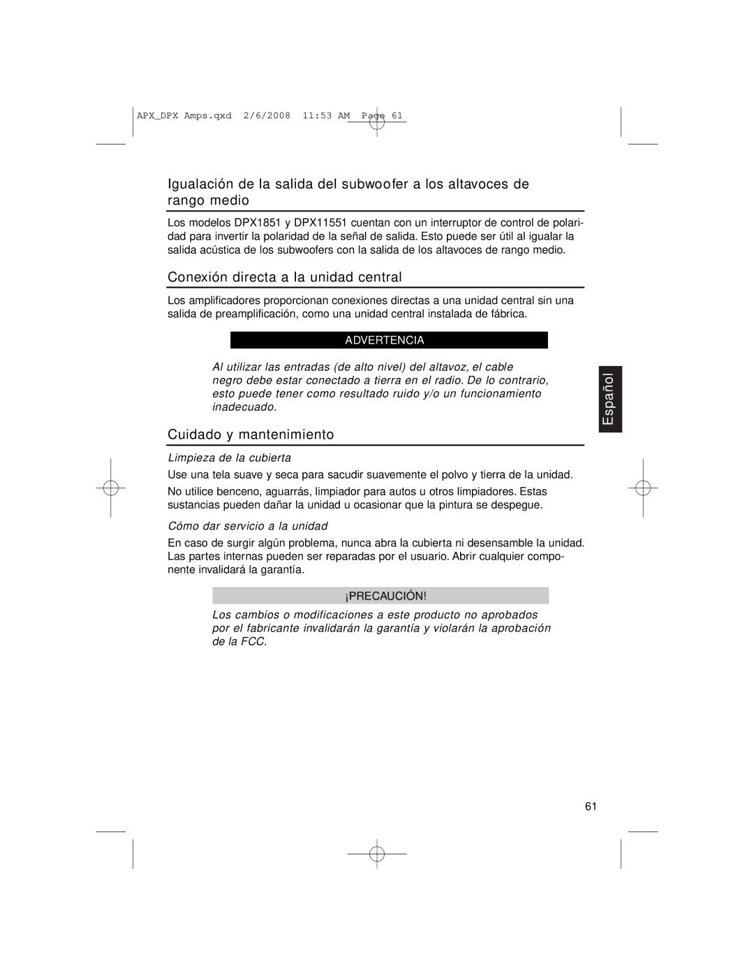 Clarion APX2181, DPX11551, APX4361 Conexión directa a la unidad central, Cuidado y mantenimiento, Limpieza de la cubierta 