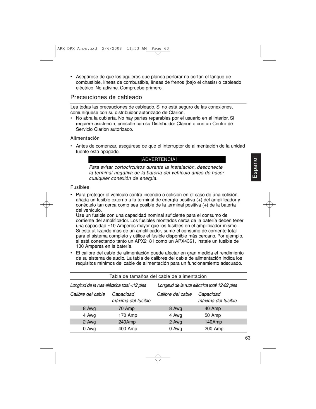 Clarion DPX11551, APX2181, APX4361 owner manual Precauciones de cableado, Tabla de tamaños del cable de alimentación 