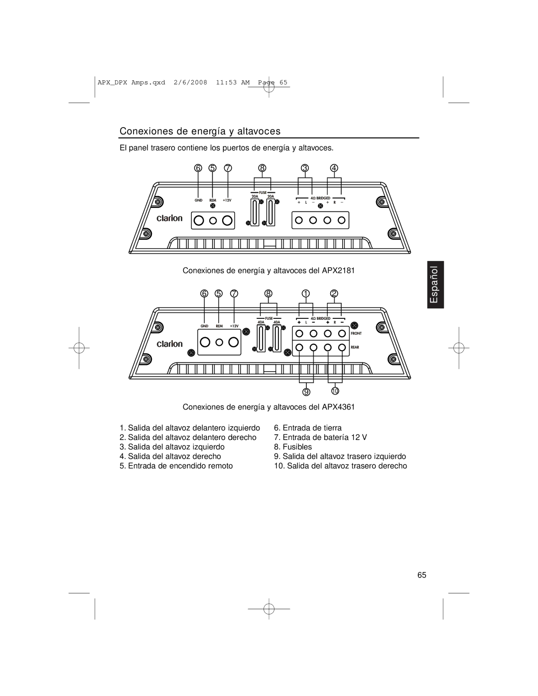 Clarion APX4361, DPX11551, APX2181 owner manual Conexiones de energía y altavoces 