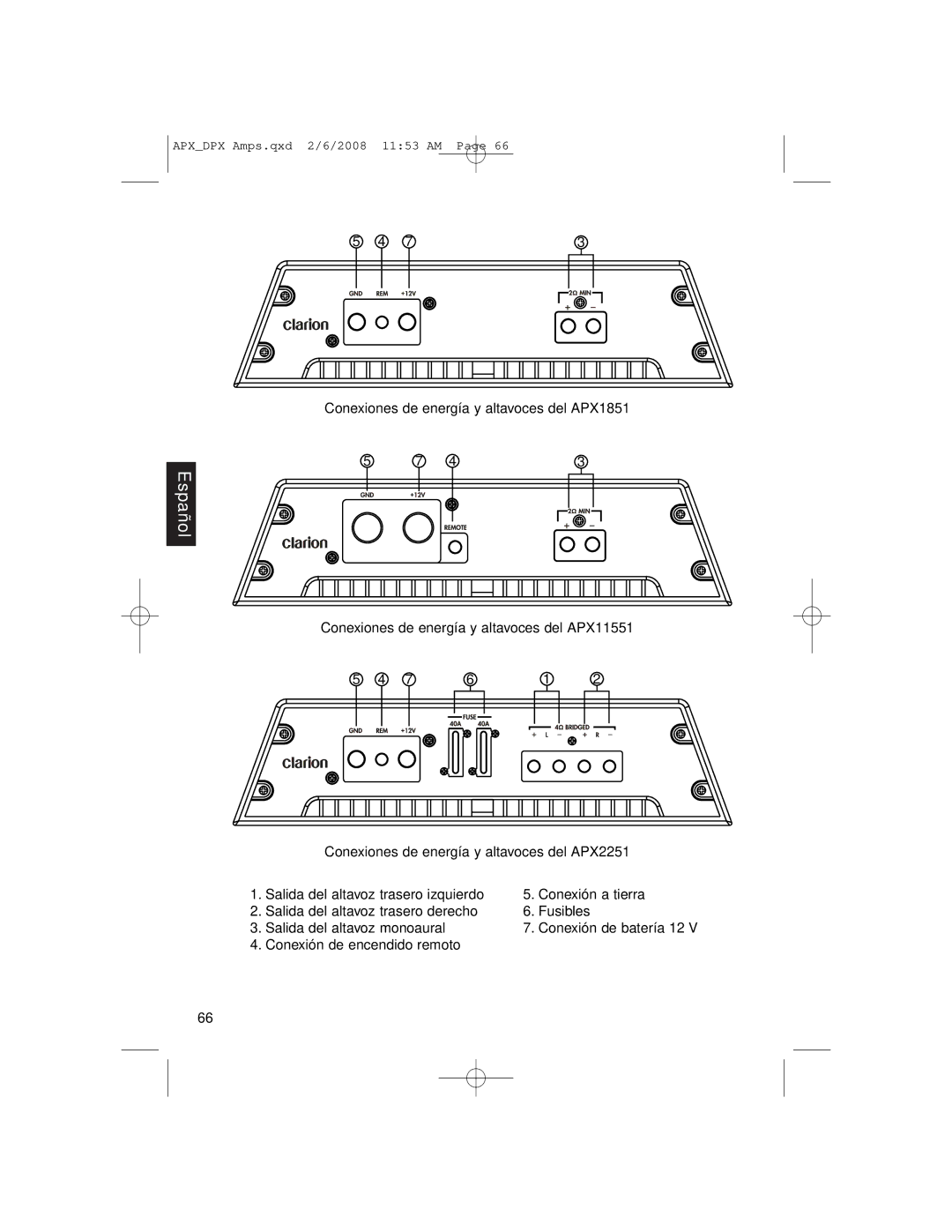 Clarion DPX11551, APX2181, APX4361 owner manual Conexiones de energía y altavoces del APX1851 