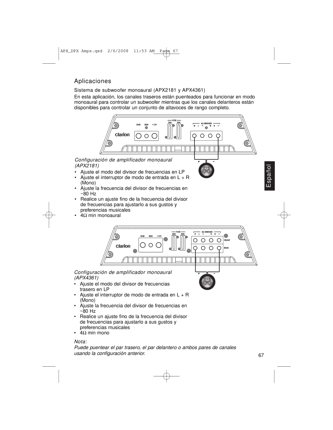 Clarion Aplicaciones, Configuración de amplificador monoaural APX2181, Configuración de amplificador monoaural APX4361 