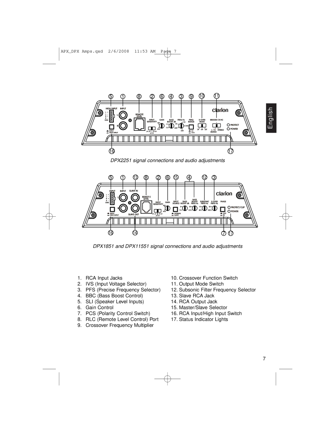 Clarion APX2181, DPX11551, APX4361 owner manual DPX2251 signal connections and audio adjustments 