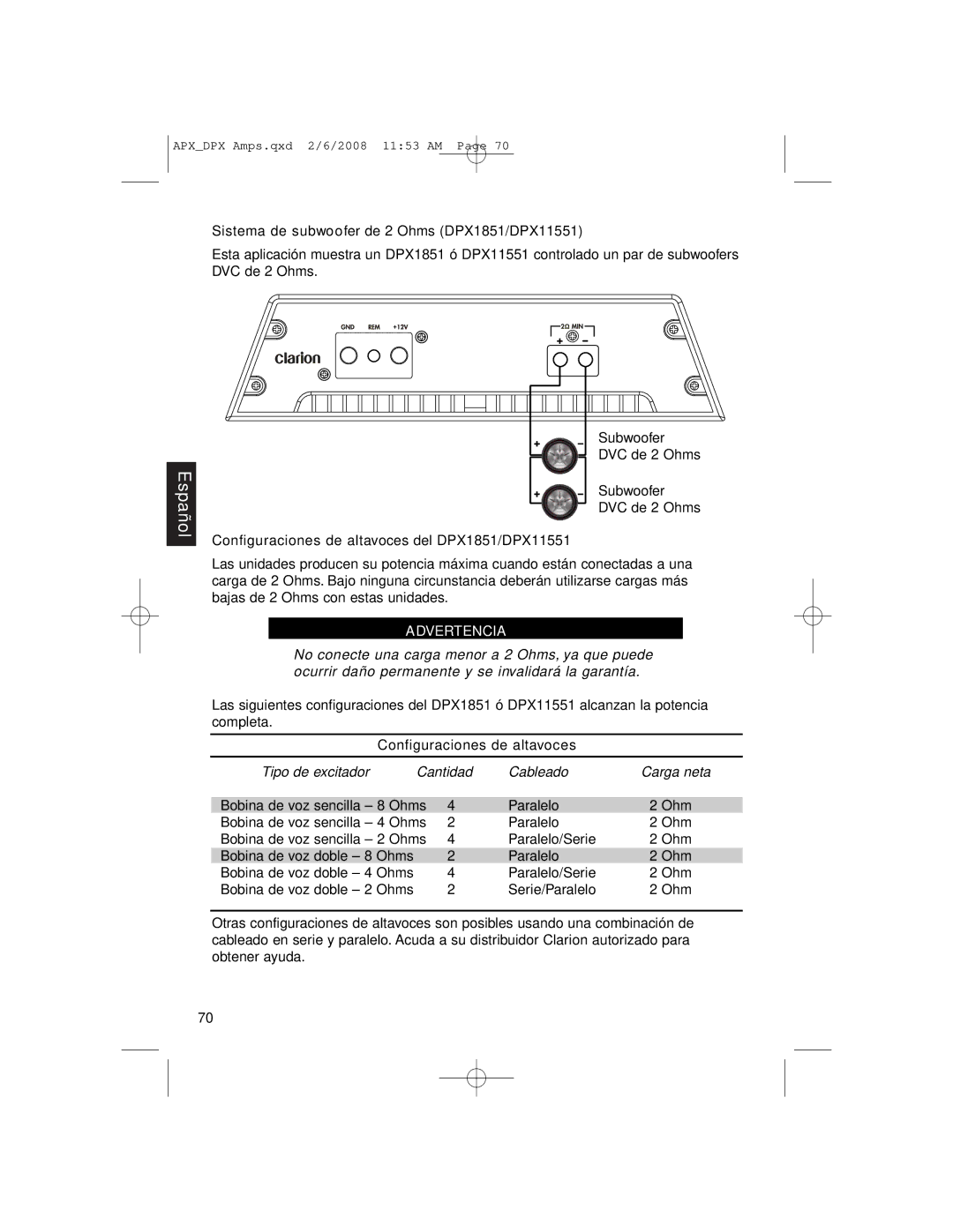 Clarion APX2181, DPX11551, APX4361 owner manual Tipo de excitador 