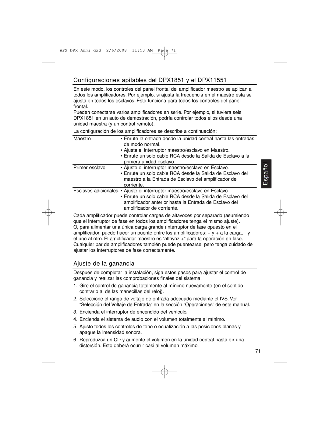 Clarion APX4361, APX2181 owner manual Configuraciones apilables del DPX1851 y el DPX11551, Ajuste de la ganancia 