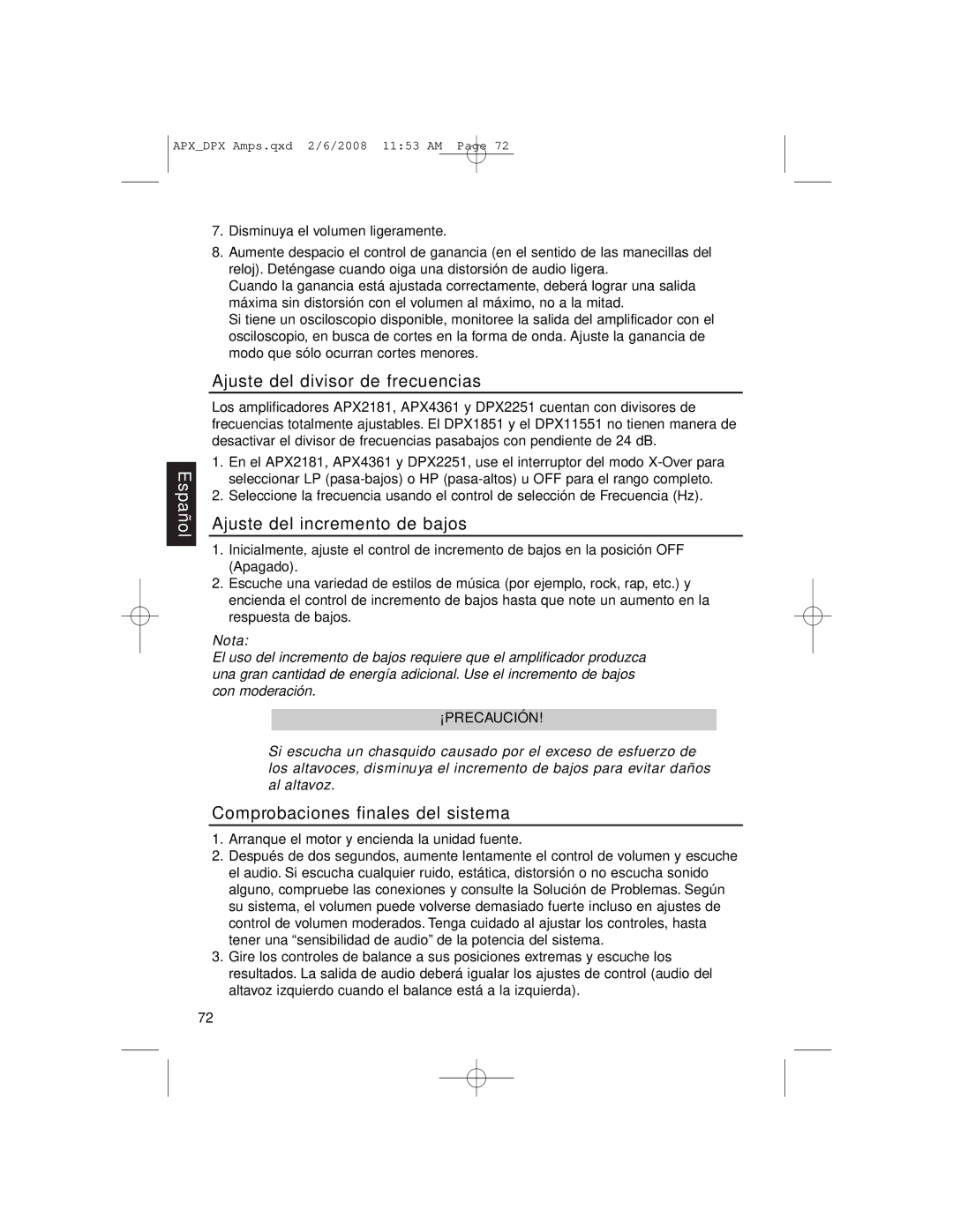 Clarion DPX11551 Ajuste del divisor de frecuencias, Ajuste del incremento de bajos, Comprobaciones finales del sistema 