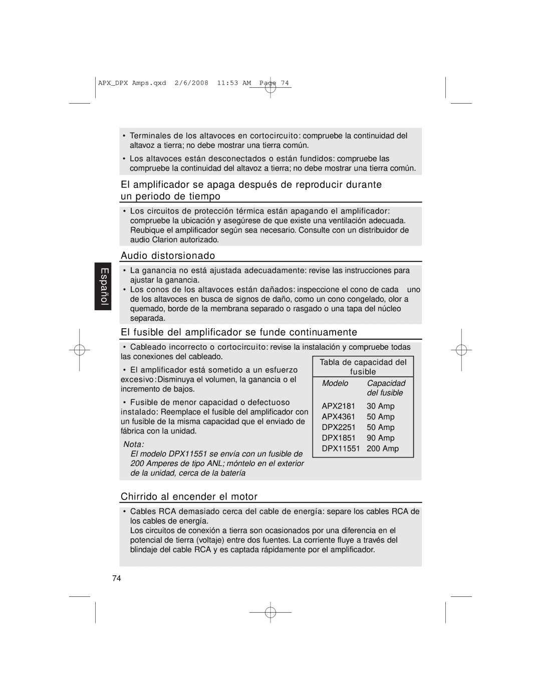 Clarion APX4361 Audio distorsionado, El fusible del amplificador se funde continuamente, Chirrido al encender el motor 