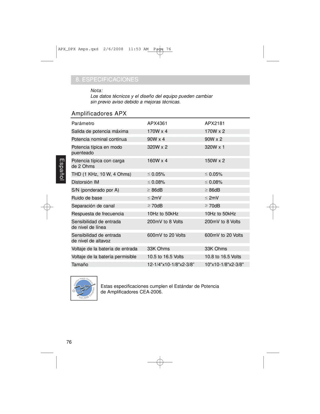 Clarion APX2181, DPX11551, APX4361 owner manual Especificaciones, Amplificadores APX 