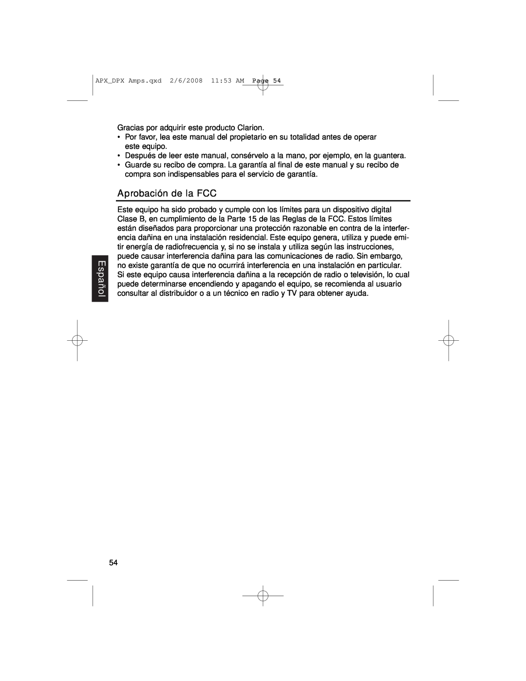 Clarion DPX11551, APX2181, APX4361 owner manual Español, Aprobación de la FCC 