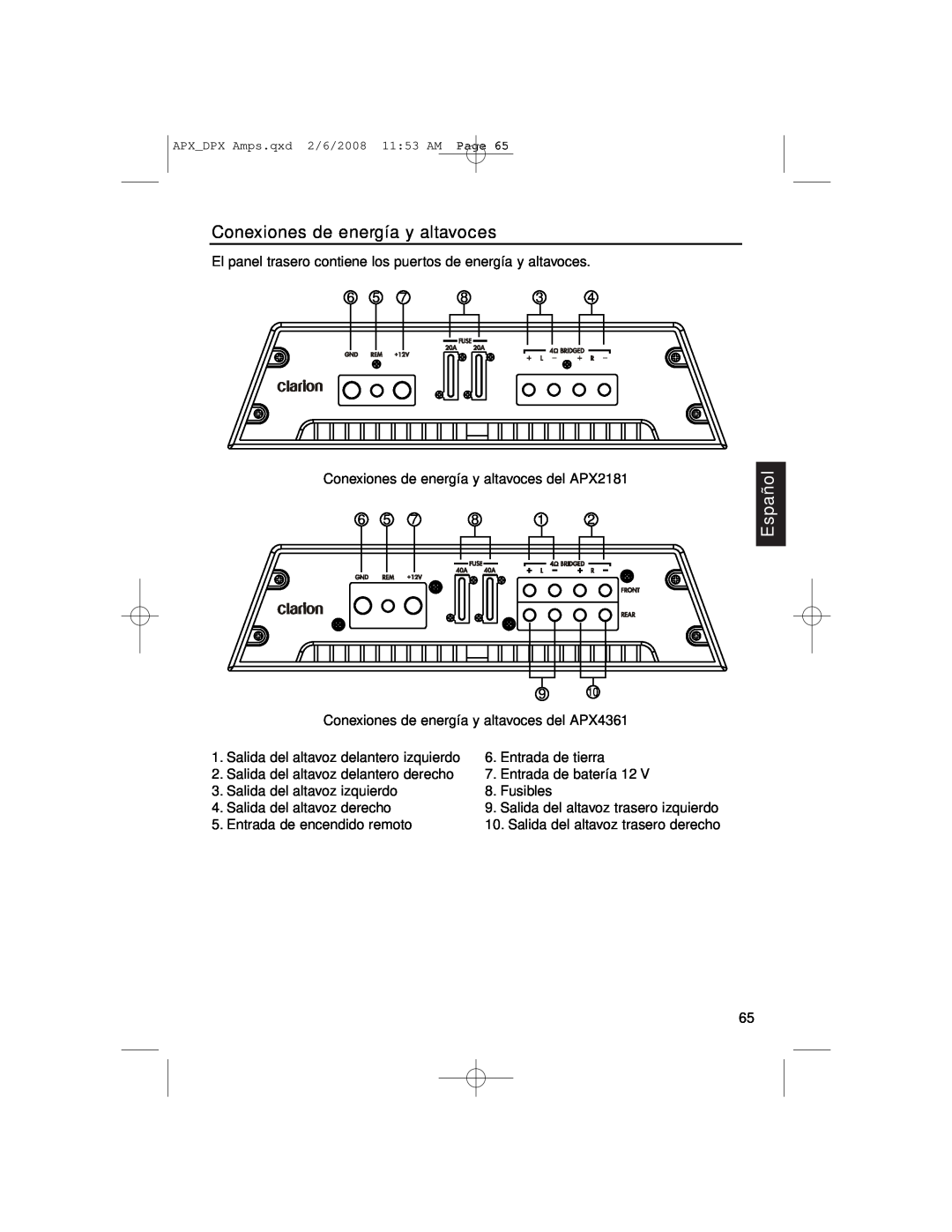 Clarion APX4361, DPX11551, APX2181 Conexiones de energía y altavoces, Español, Salida del altavoz trasero izquierdo 