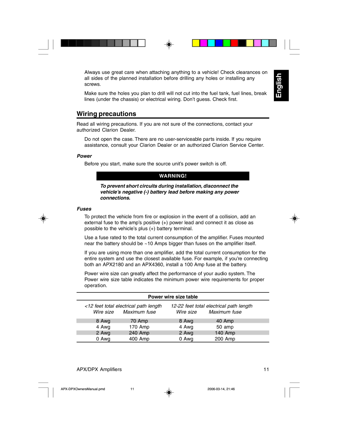 Clarion DPX11500, DPX1800, APX2180, DPX2250, APX4360 owner manual Wiring precautions, Power wire size table 