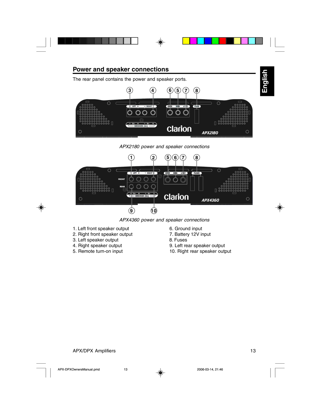 Clarion DPX2250, DPX1800, DPX11500, APX2180, APX4360 owner manual Power and speaker connections 