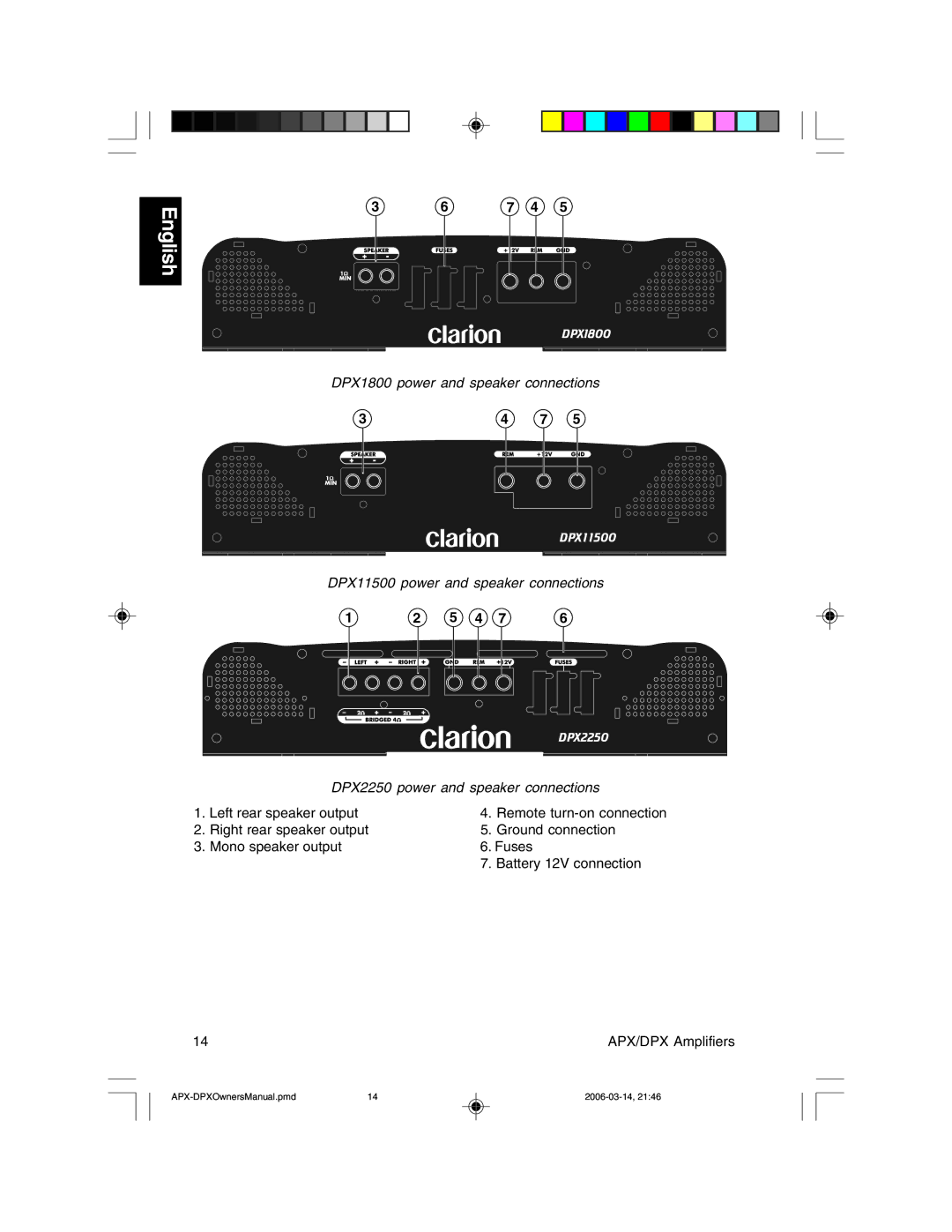 Clarion APX4360, DPX1800, DPX11500, APX2180, DPX2250 owner manual Remote turn-on connection 