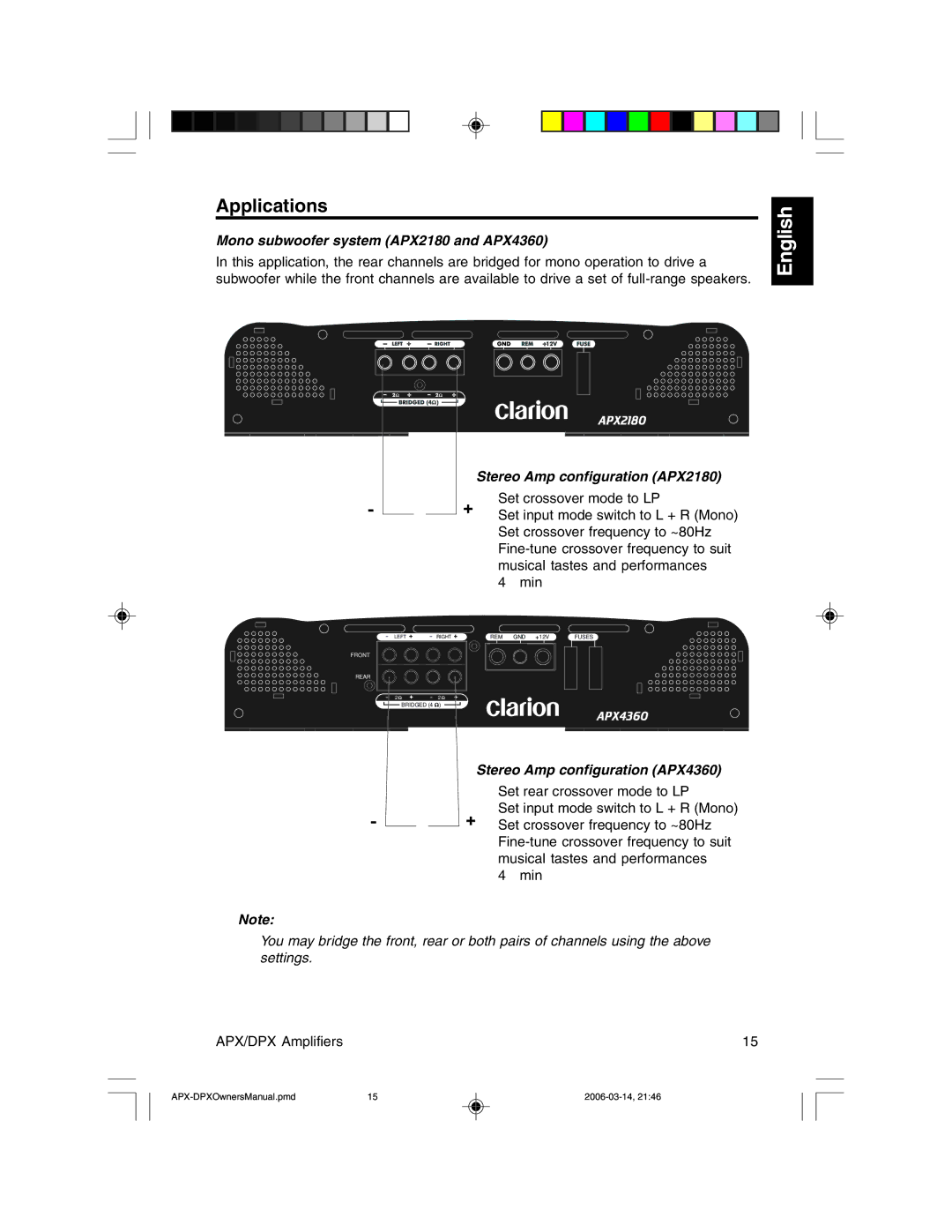 Clarion DPX1800, DPX11500 Applications, Mono subwoofer system APX2180 and APX4360, Stereo Amp configuration APX2180 