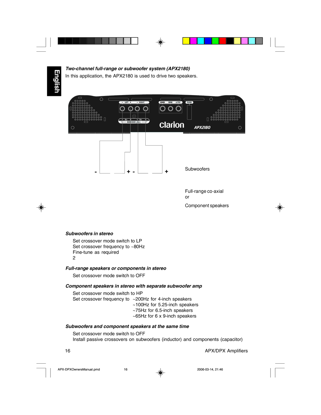 Clarion DPX11500, DPX1800, DPX2250, APX4360 Two-channel full-range or subwoofer system APX2180, Subwoofers in stereo 